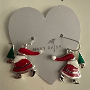 NEW Santa earrings, silvertone and enamel on gift presentation card.